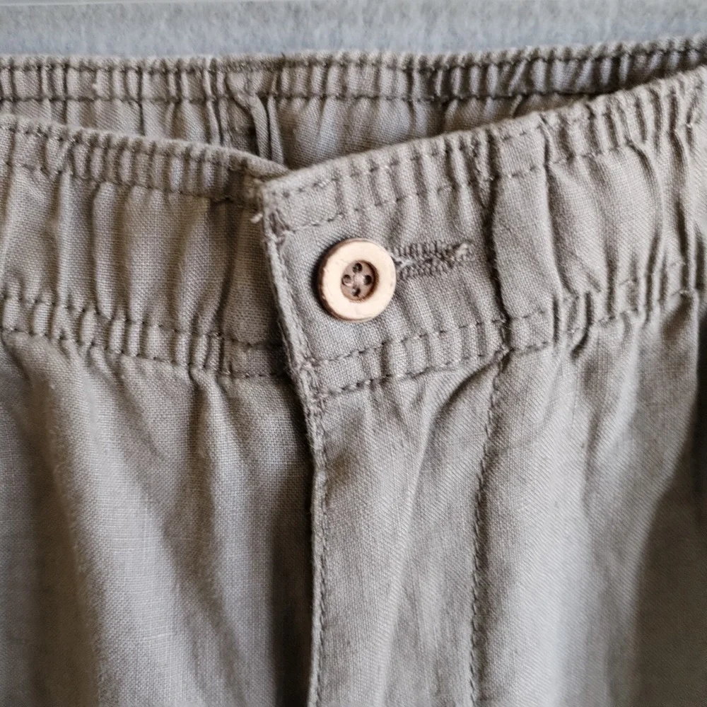 Caribbean Mens Linen Pants 36x32 (Fits 34x32) Tan Beige Elastic Waist Flat Front